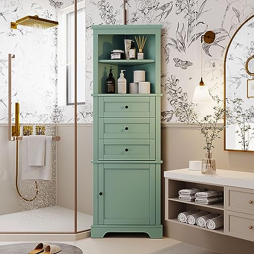 Green Tall Corner Cabinet with Drawers and Shelves D2418