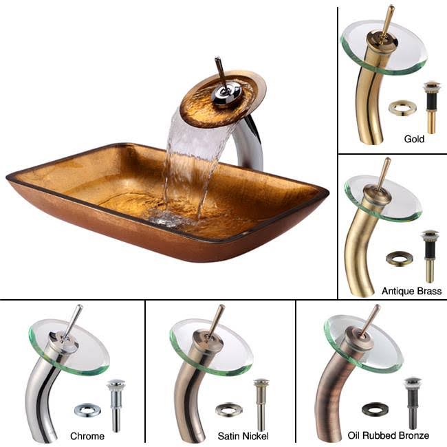 Golden Pearl Rectangular Glass Vessel Sink and Waterfall Faucet X957