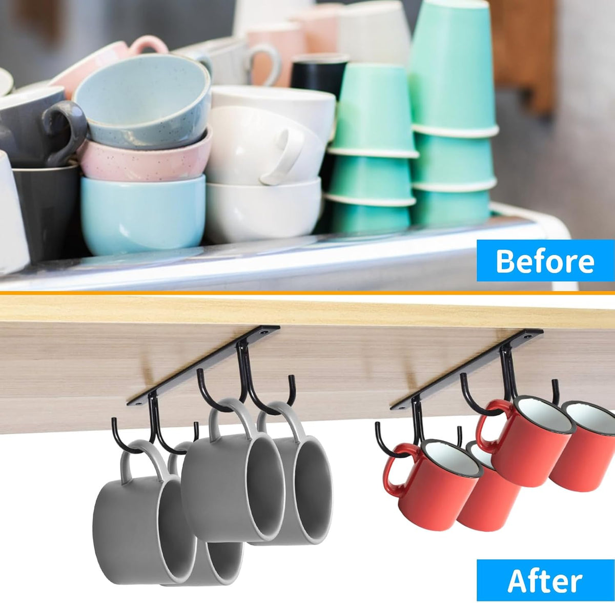6 Pack Black Under Cabinet Mug Rack with 24 Hooks V42325
