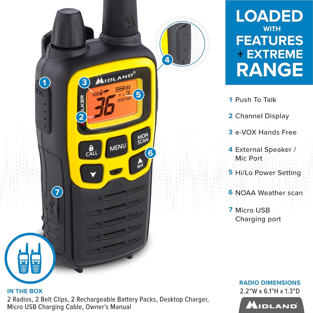 36 Channel FRS Two-Way Radio, 121 Privacy Codes, NOAA Weather Scan + Alert, Black/Yellow, 2-Pack Q280