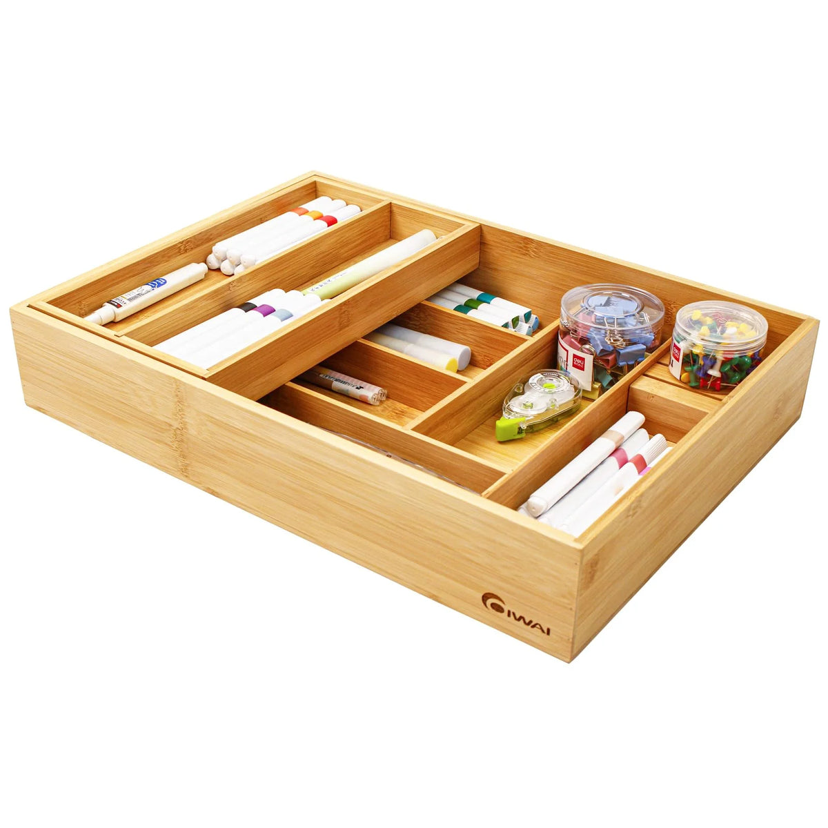 Bamboo Double Layer Kitchen Drawer Organizer with Sliding Tray, Removable Knife Block, Utensil Silverware Cutlery Storage Box, Brown T649
