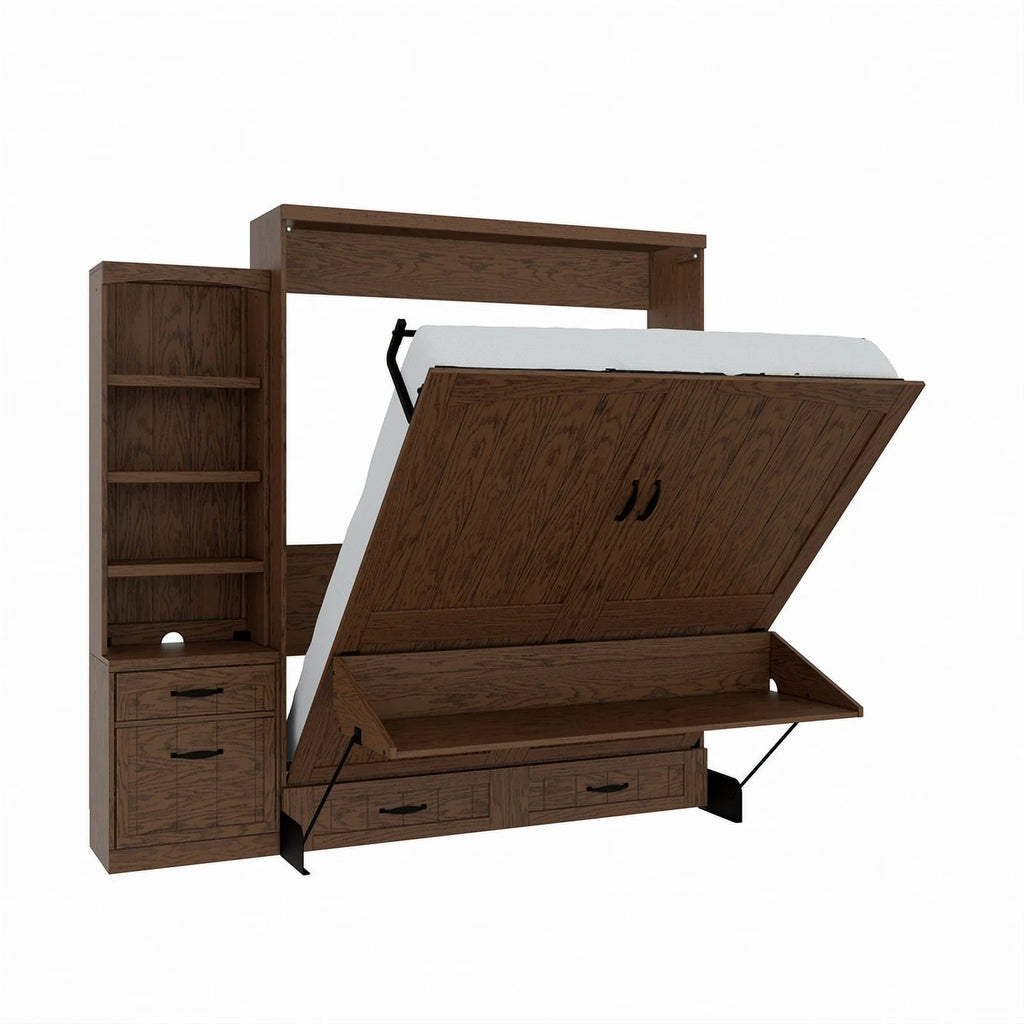 Brown Wood Queen Murphy Wall Desk Bed with Shelf Storage I859389