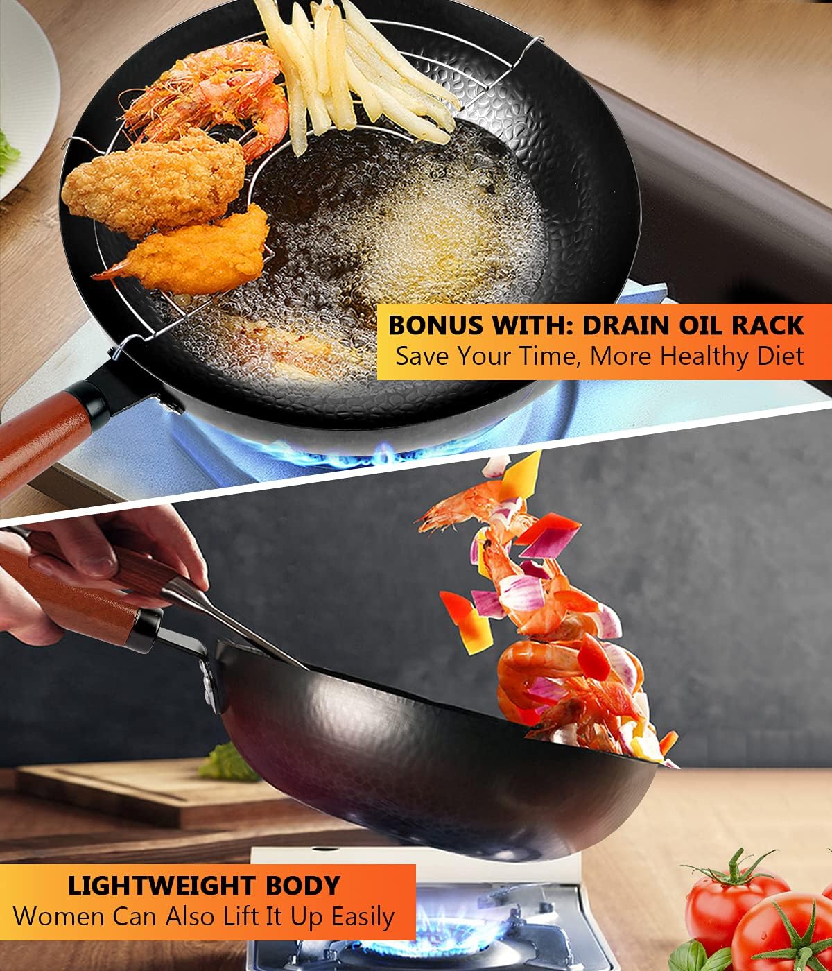 14 Piece Carbon Steel Wok Pan Set with Wooden Lid Z9918