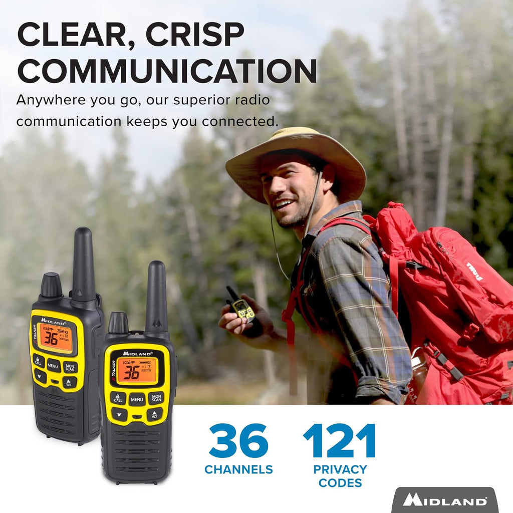 36 Channel FRS Two-Way Radio, 121 Privacy Codes, NOAA Weather Scan + Alert, Black/Yellow, 2-Pack Q280