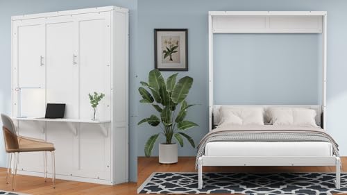 White 61.5-inch Wood Folding Wall Bed with Desk C3584