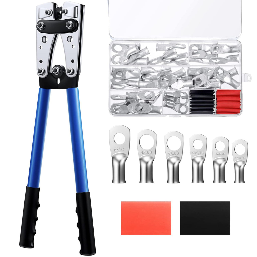 Battery Cable Lug Crimping Tool with Copper Lugs and Heat Shrink Tubing E656