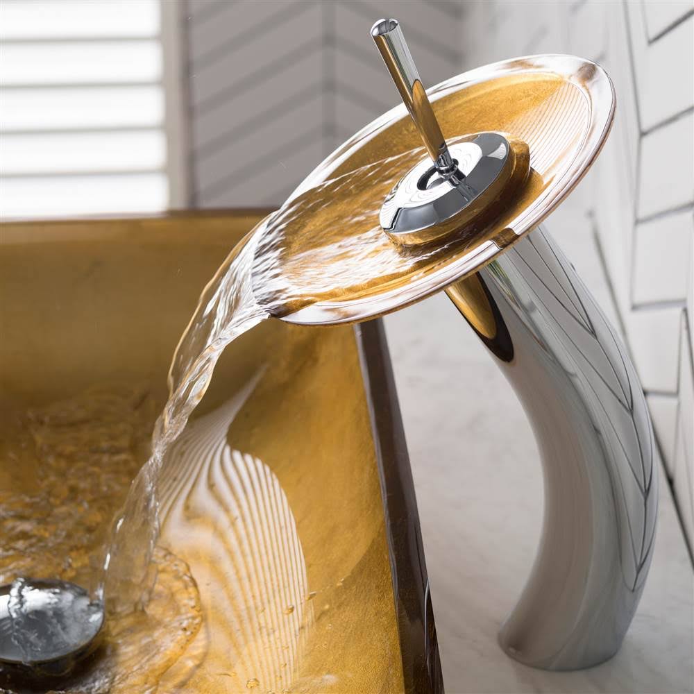 Golden Pearl Rectangular Glass Vessel Sink and Waterfall Faucet X957