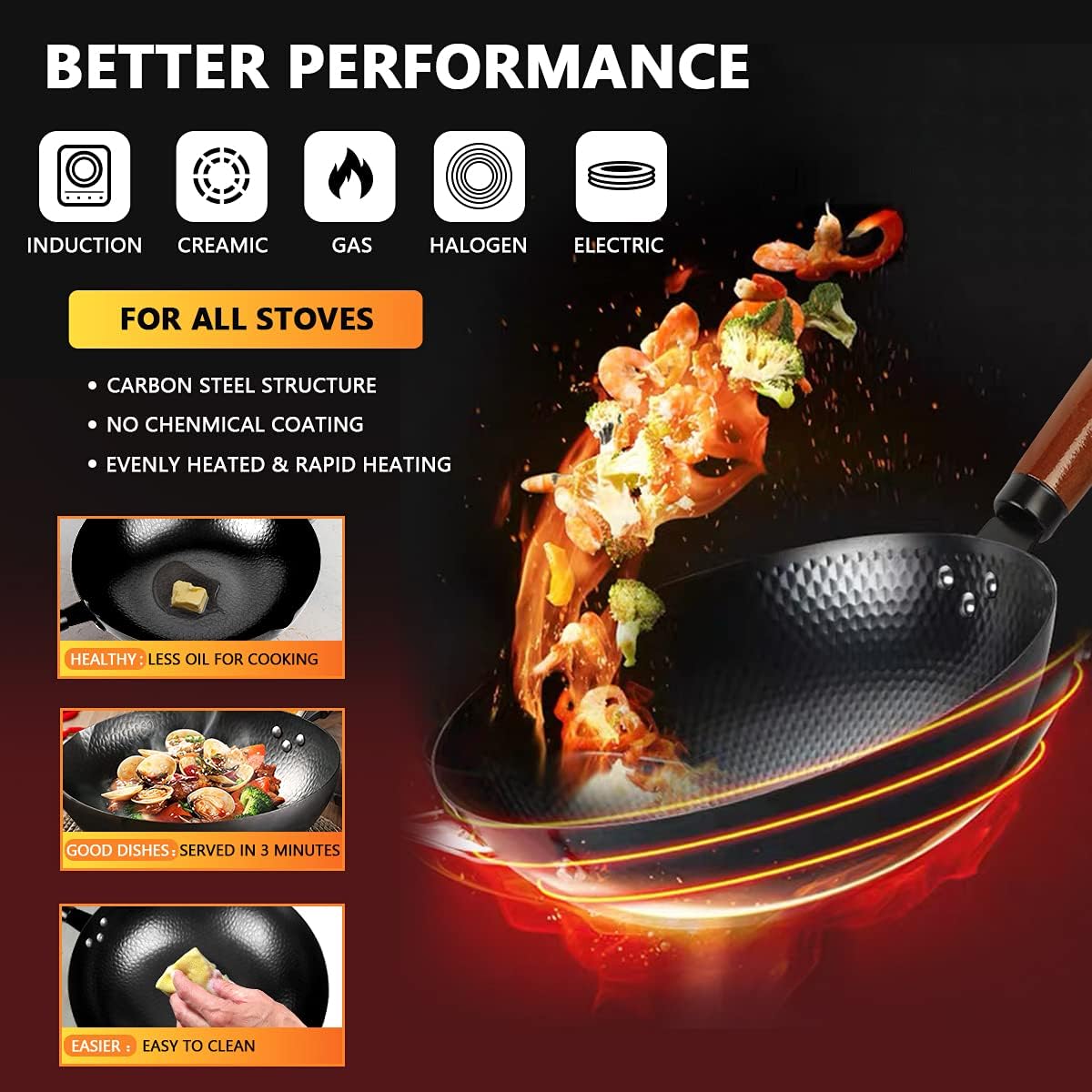 14 Piece Carbon Steel Wok Pan Set with Wooden Lid Z9918