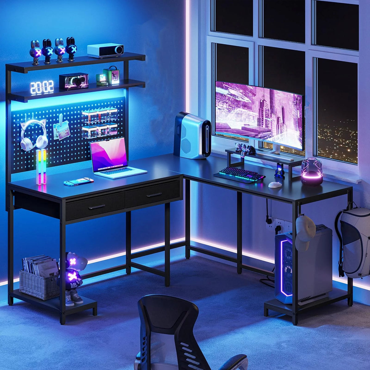 L Shaped Gaming Desk with LED Lights and Hutch Q609