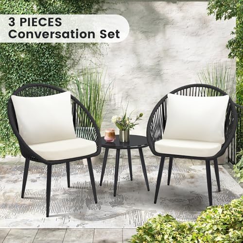 3 Piece Woven Rope Bistro Set with Cushions and Side Table G311991