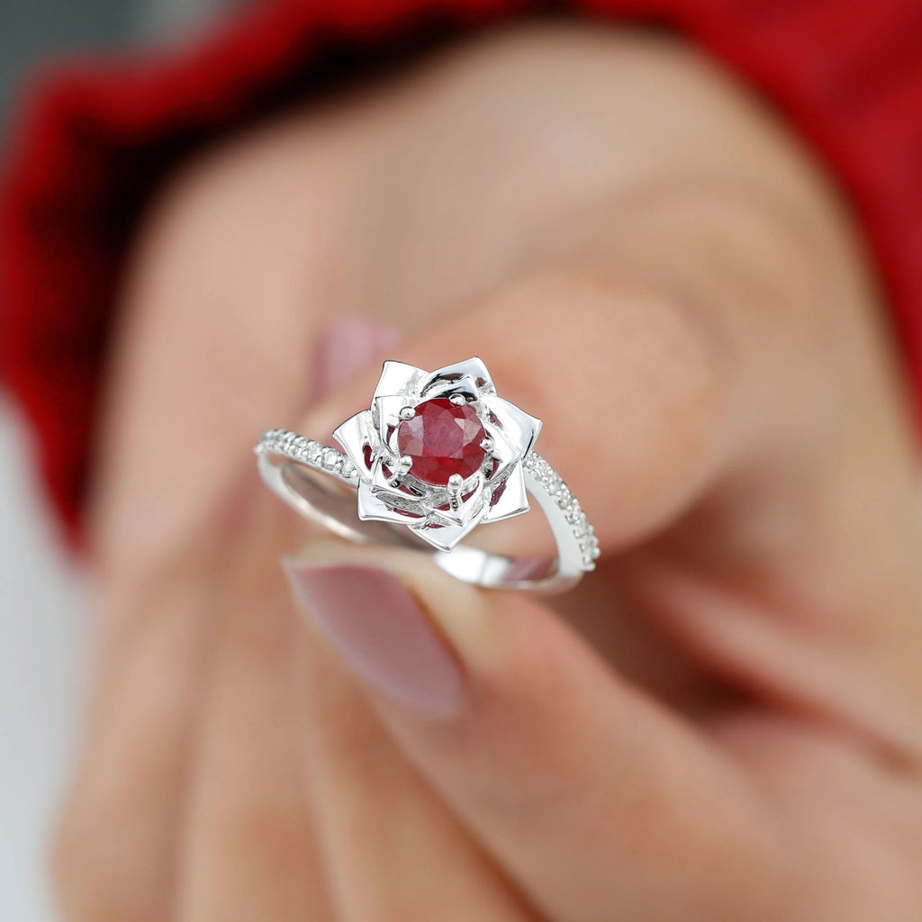 Natural Ruby Rose Floral Ring with Diamond - 1 CT, 925 Sterling Silver, US 4.00 L4308