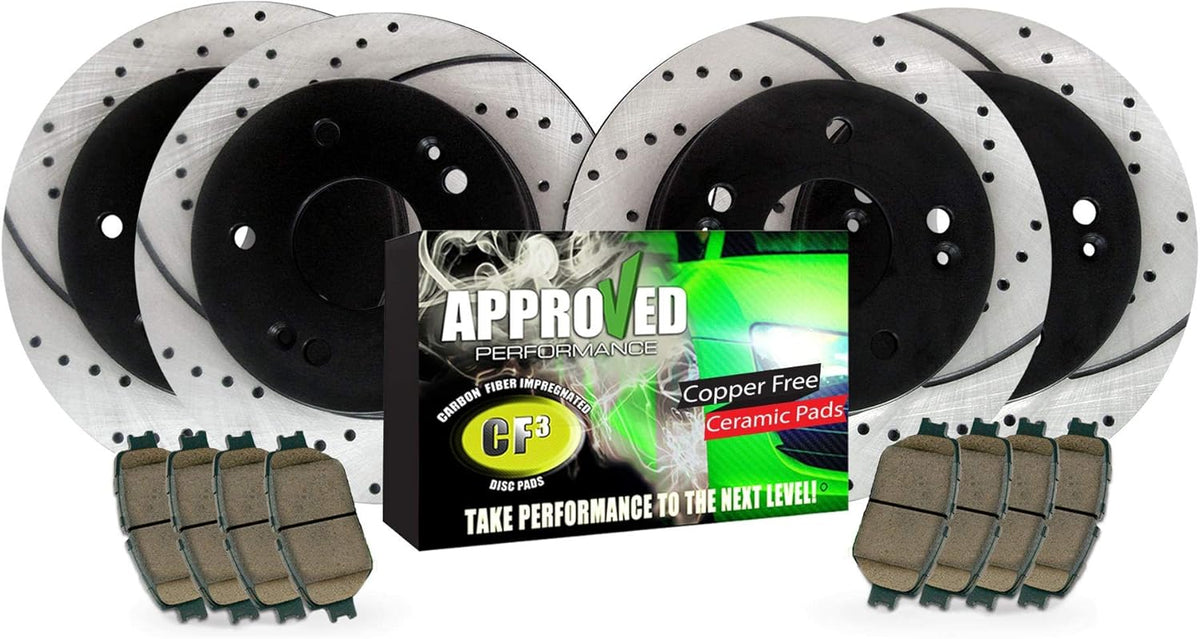 Front and Rear Drilled and Slotted Black Powder Coated Disc Brake Rotor & Pad Kit C15476