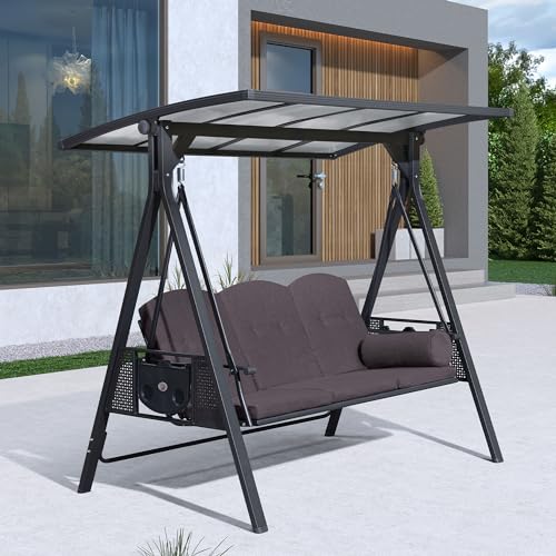 Outdoor Patio Porch Swing with Adjustable PVC Canopy, 3-seat Swing Chair Bench with Side Cup Holder, Cushions and Pillow Included, Grey E823