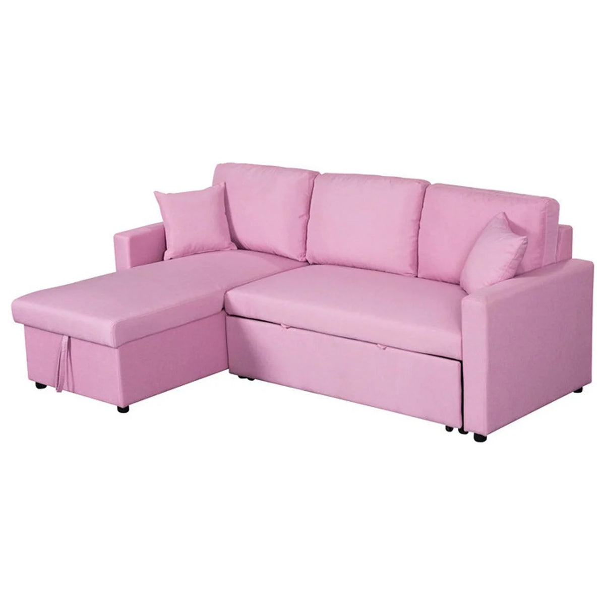 Pink Linen Reversible Sleeper Sectional Sofa with Storage Chaise N35606