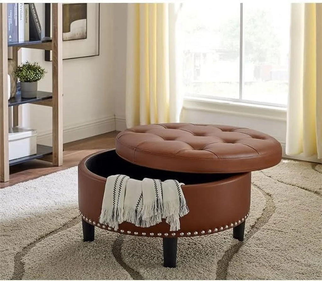 Brown Round Faux Leather Storage Ottoman L1460