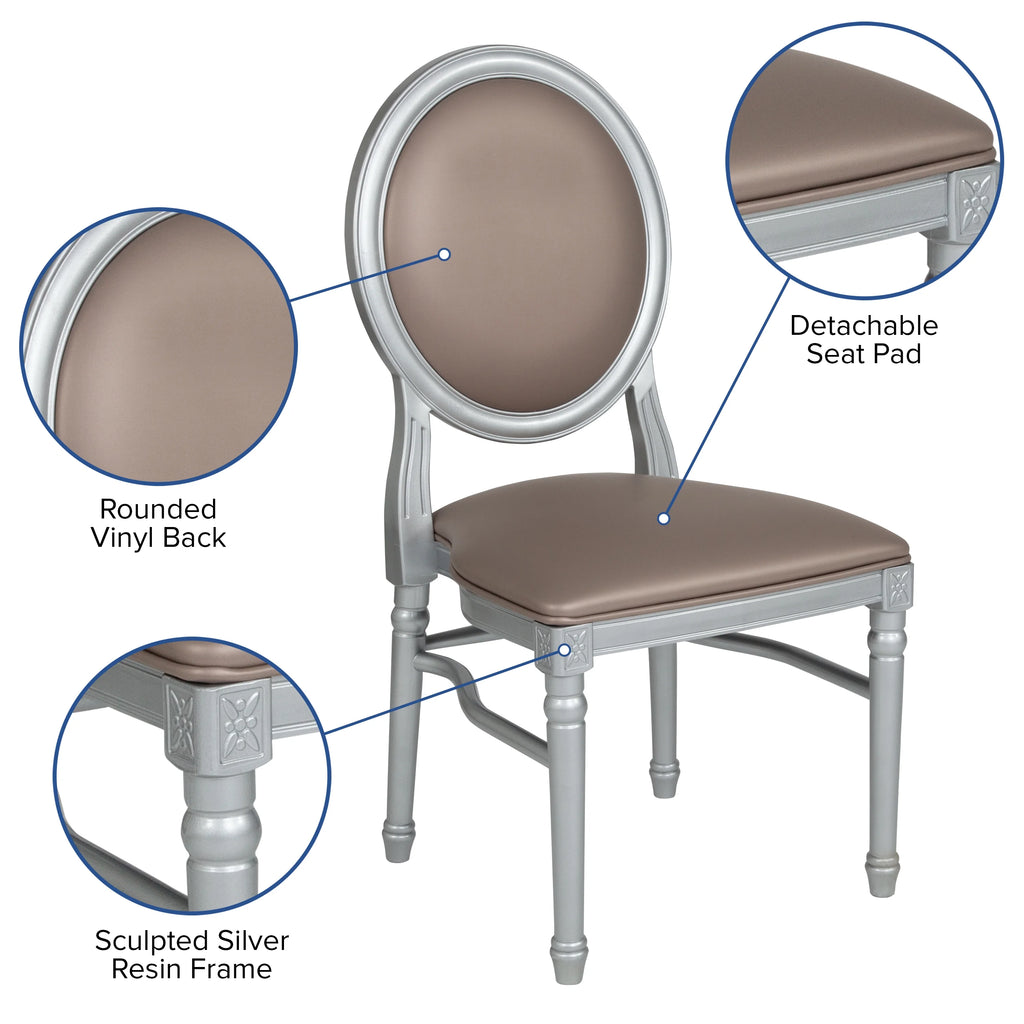 King Louis Dining Chair with Taupe Vinyl Back and Seat & Silver Frame P60835