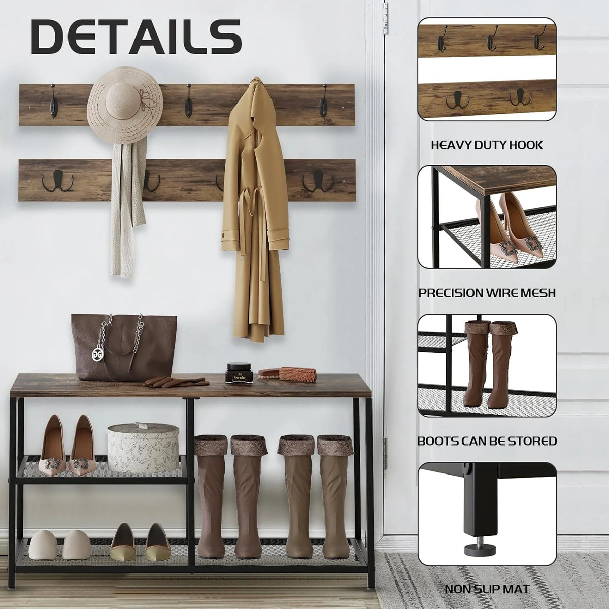 Rustic Brown Coat Shoe Rack Bench Set E46349