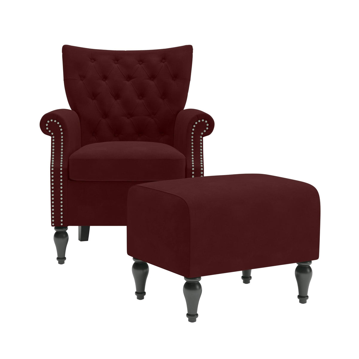 Button-Tufted Rolled Armchair and Ottoman - Ruby Red Z241635