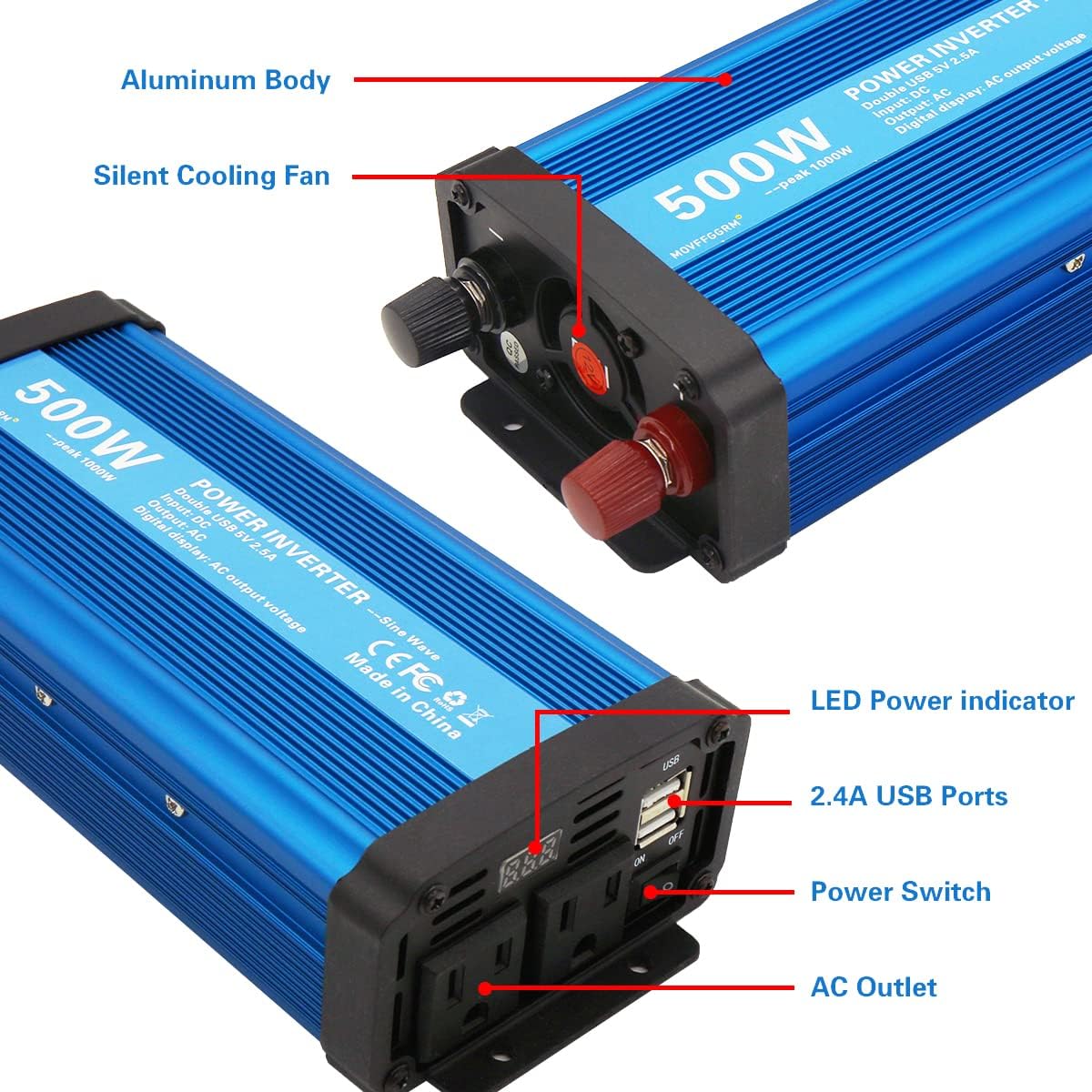 500W Pure Sine Wave Power Inverter DC 12V to 110V AC with 2.4A USB Car Charger Adapter E478