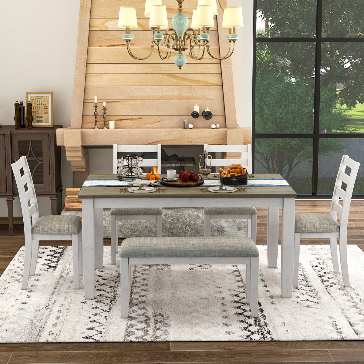 6 Pieces Wooden Dining Table Set with 4 Upholstered Chairs and Bench C989
