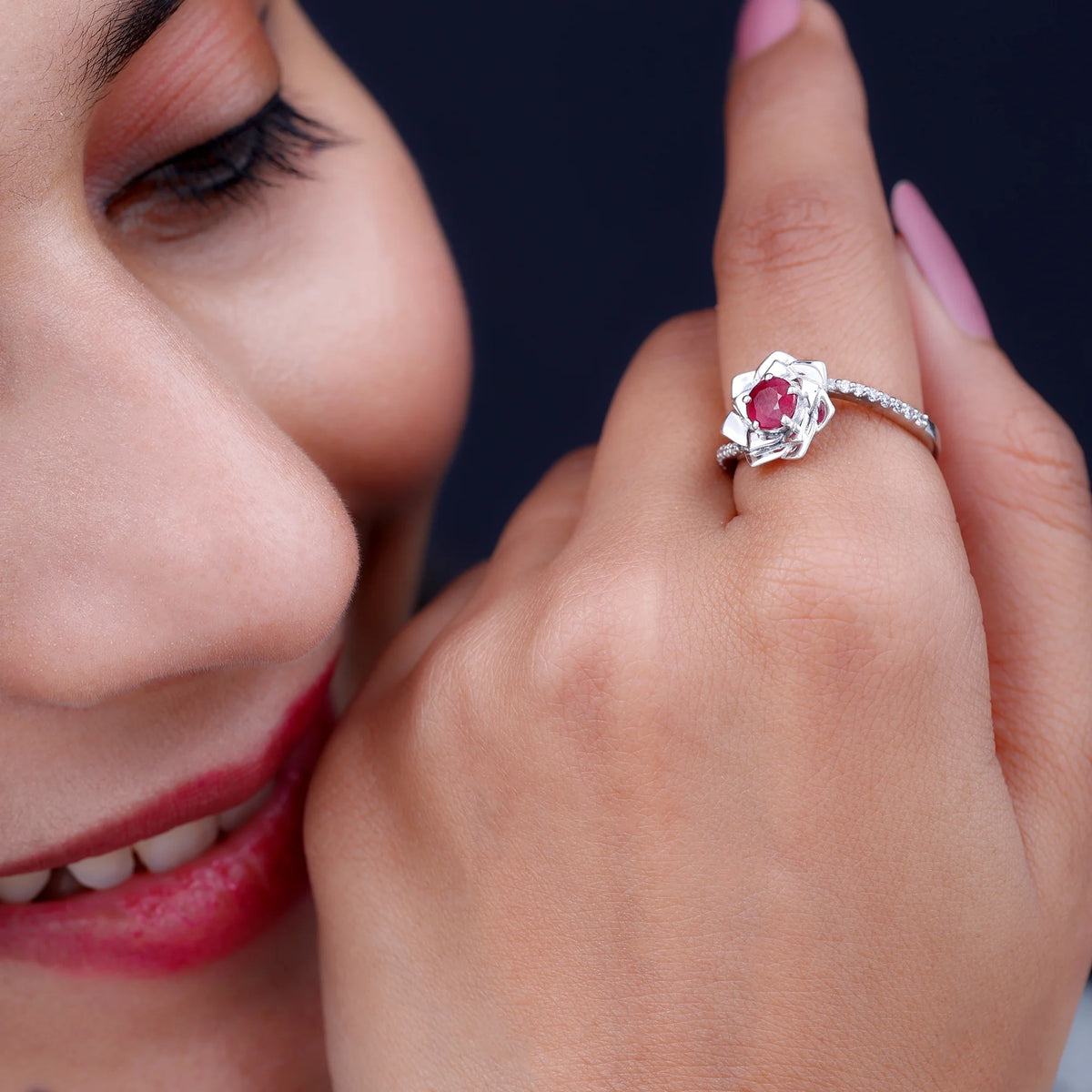 Natural Ruby Rose Floral Ring with Diamond - 1 CT, 925 Sterling Silver, US 4.00 L4308