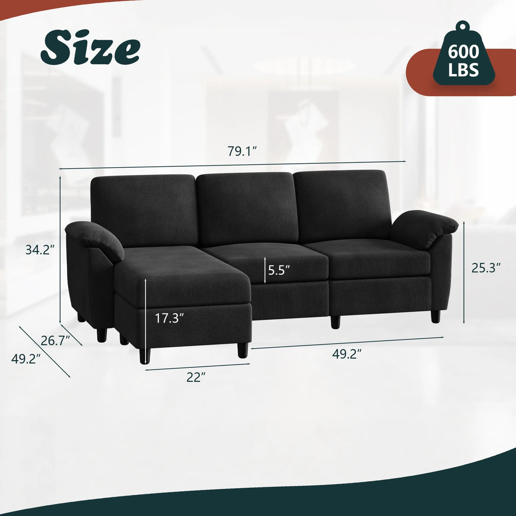 79" Convertible Sectional Sofa Couch, Linen Fabric L Shaped Sofa with Removable Pillows Black Q217782