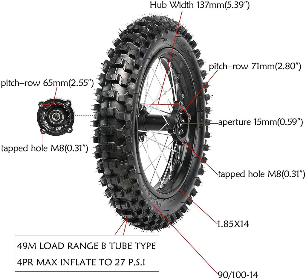 14 90/100-14 Rear Wheel Tire and Rim Inner Tube with 15mm Bearing C387474