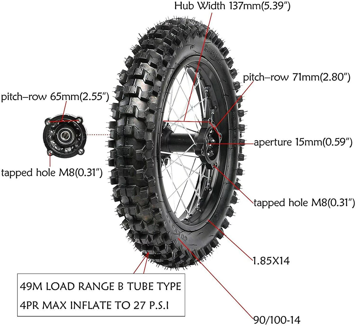 14 90/100-14 Rear Wheel Tire and Rim Inner Tube with 15mm Bearing C387474