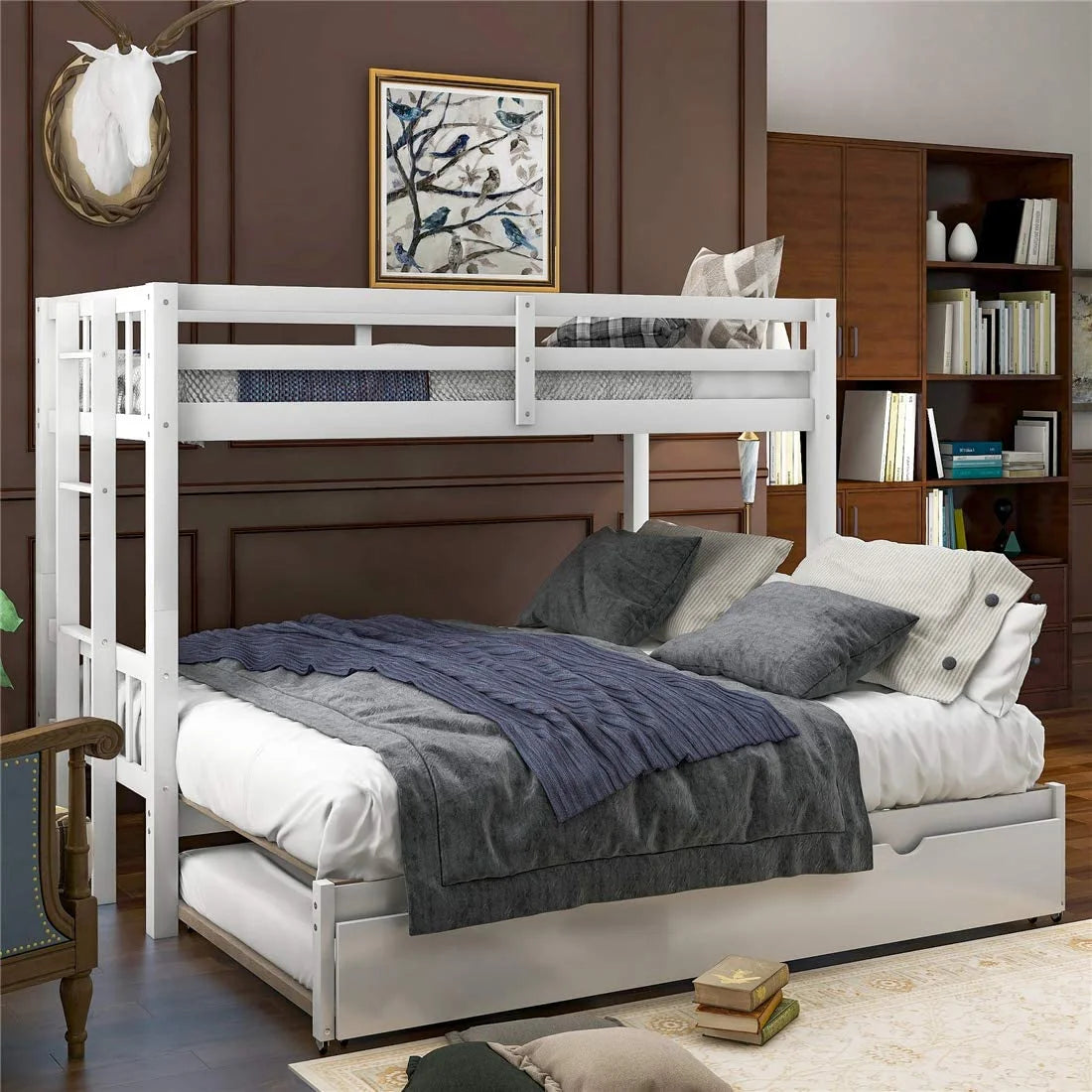 Twin Over King Wooden Bunk Bed with Trundle and Ladder W762