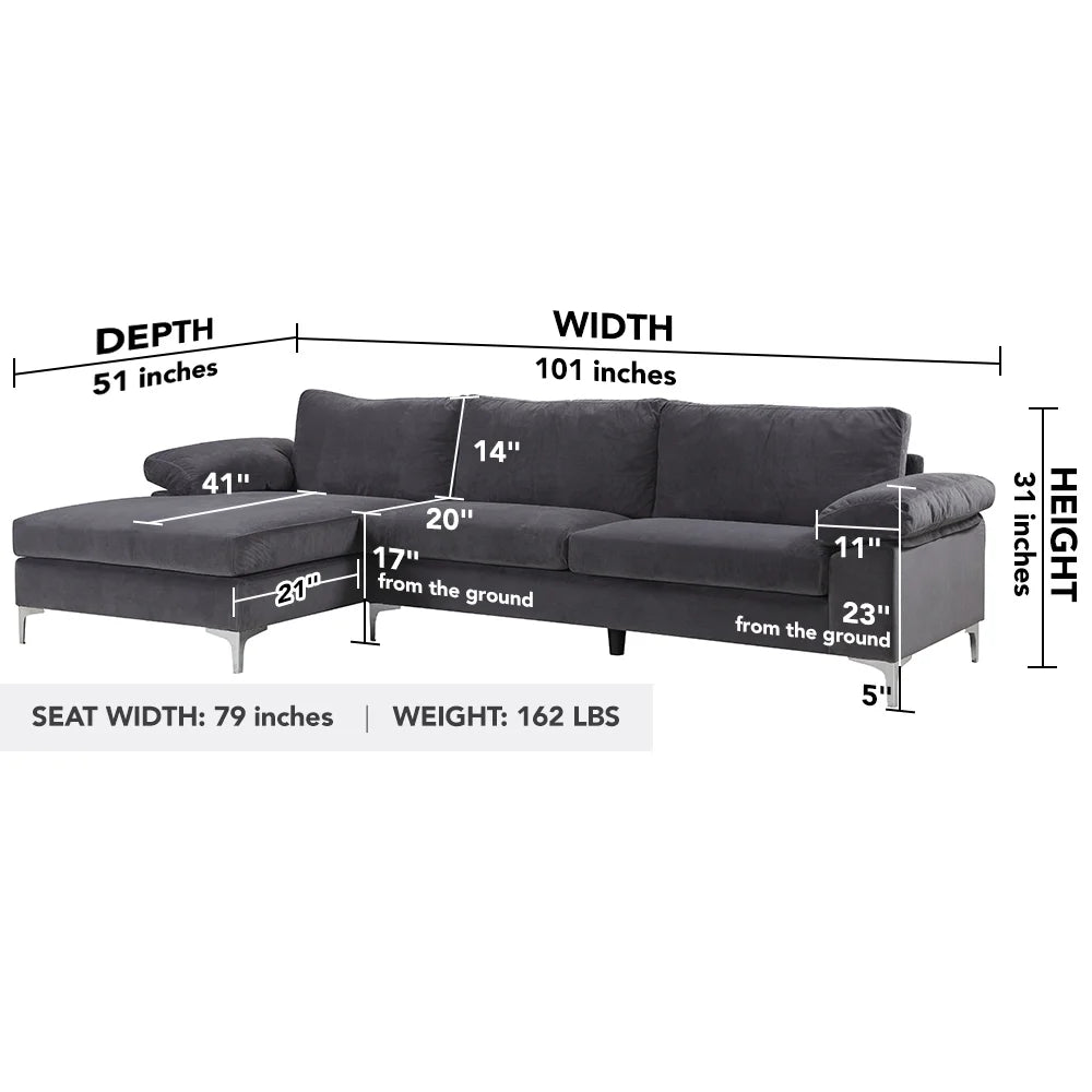 Grey Velvet Fabric Sectional Sofa Q1612