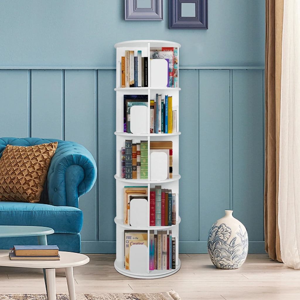 5 Tier 360° Rotating White Wood Bookshelf S385