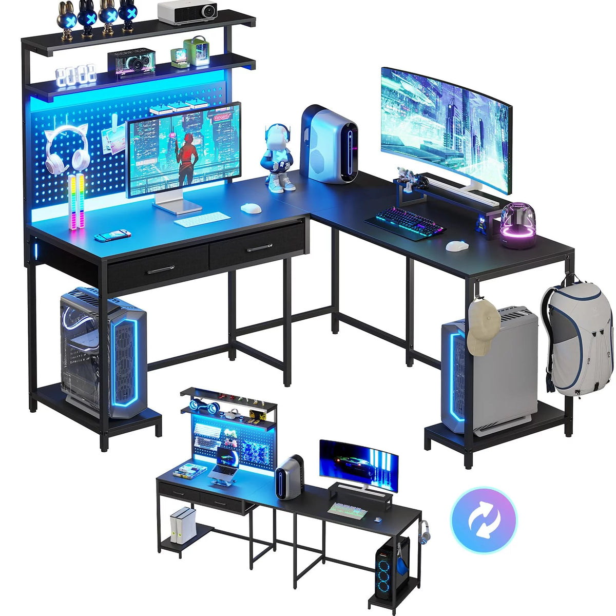 L Shaped Gaming Desk with LED Lights and Hutch Q609