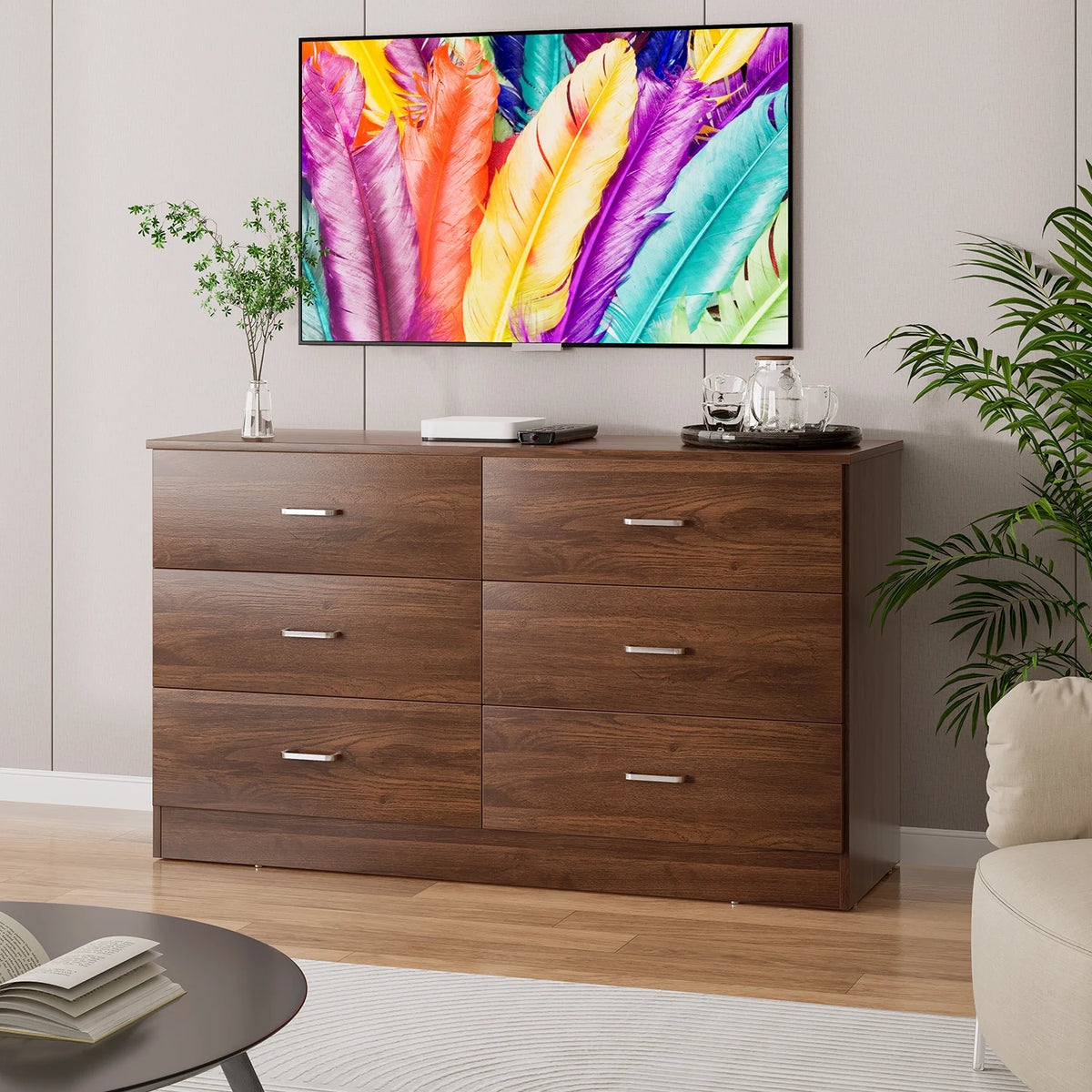 Black 6 Drawer Wood Double Dresser B9970