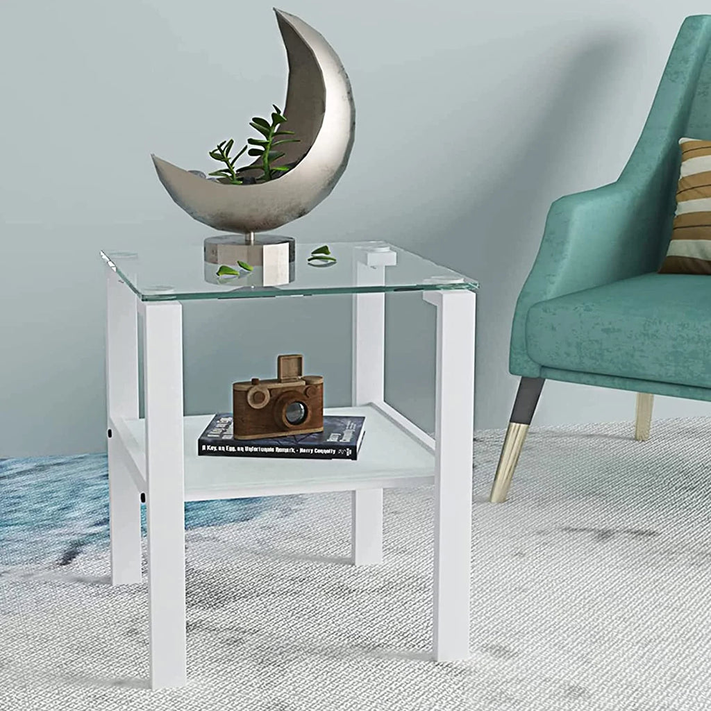 Glass End Table, 2 Layer White Small Corner Table S1043