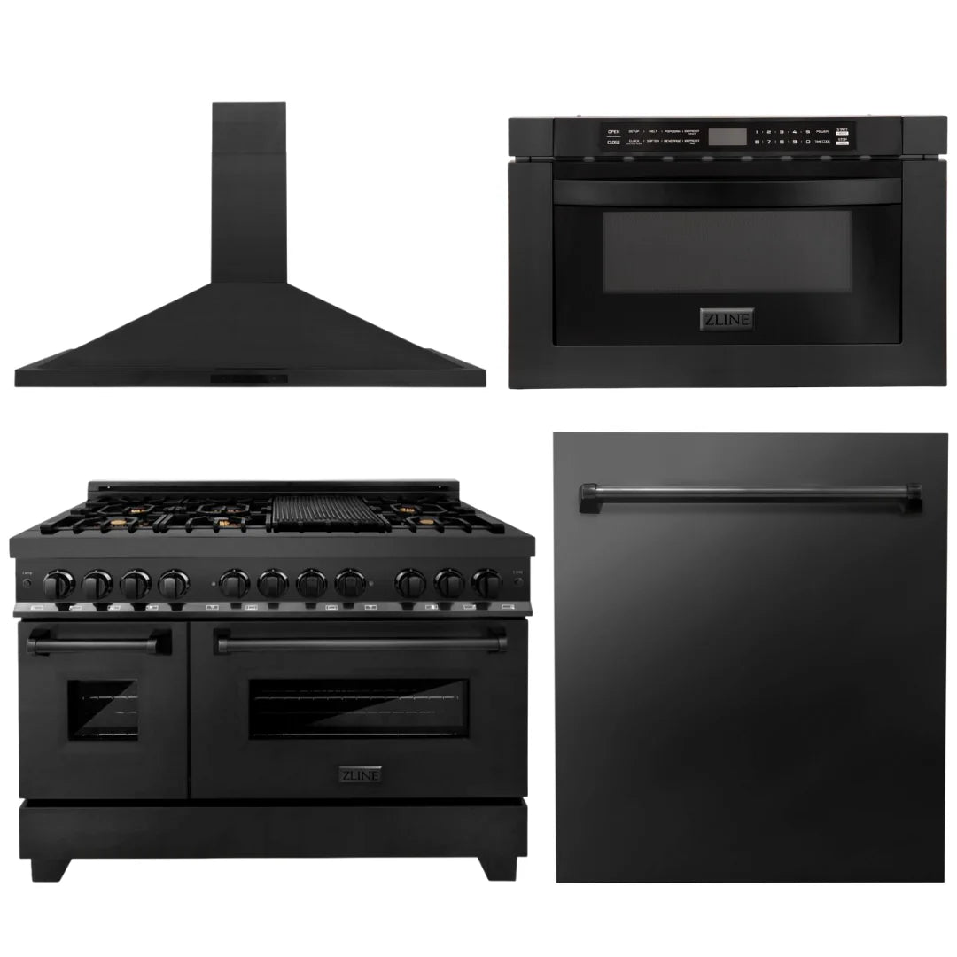 48 Range, Range Hood, Microwave, Dishwasher in Black Stainless U679