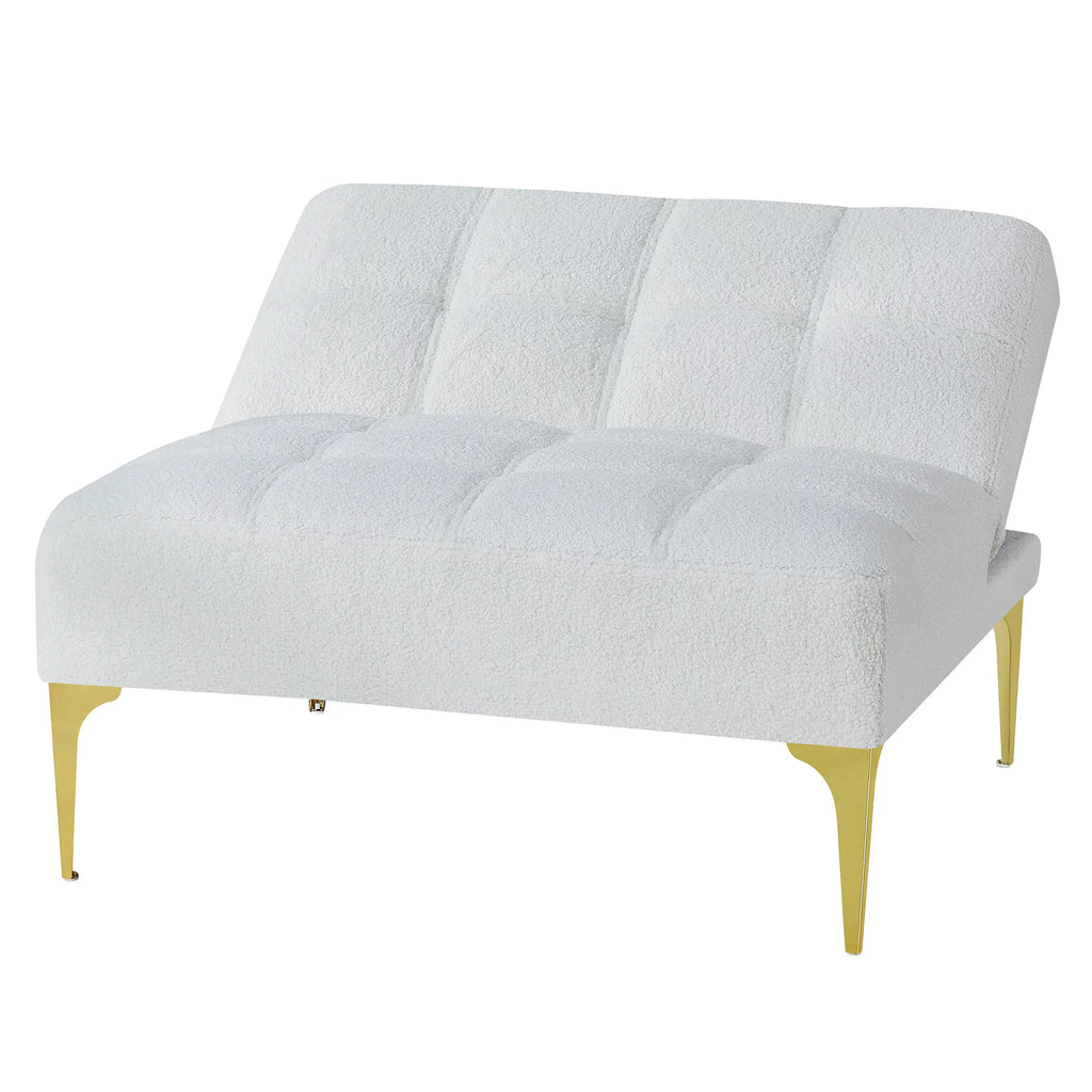 White Teddy Fabric Upholstered Futon Sofa with Pillow and Gold Metal Legs O855141