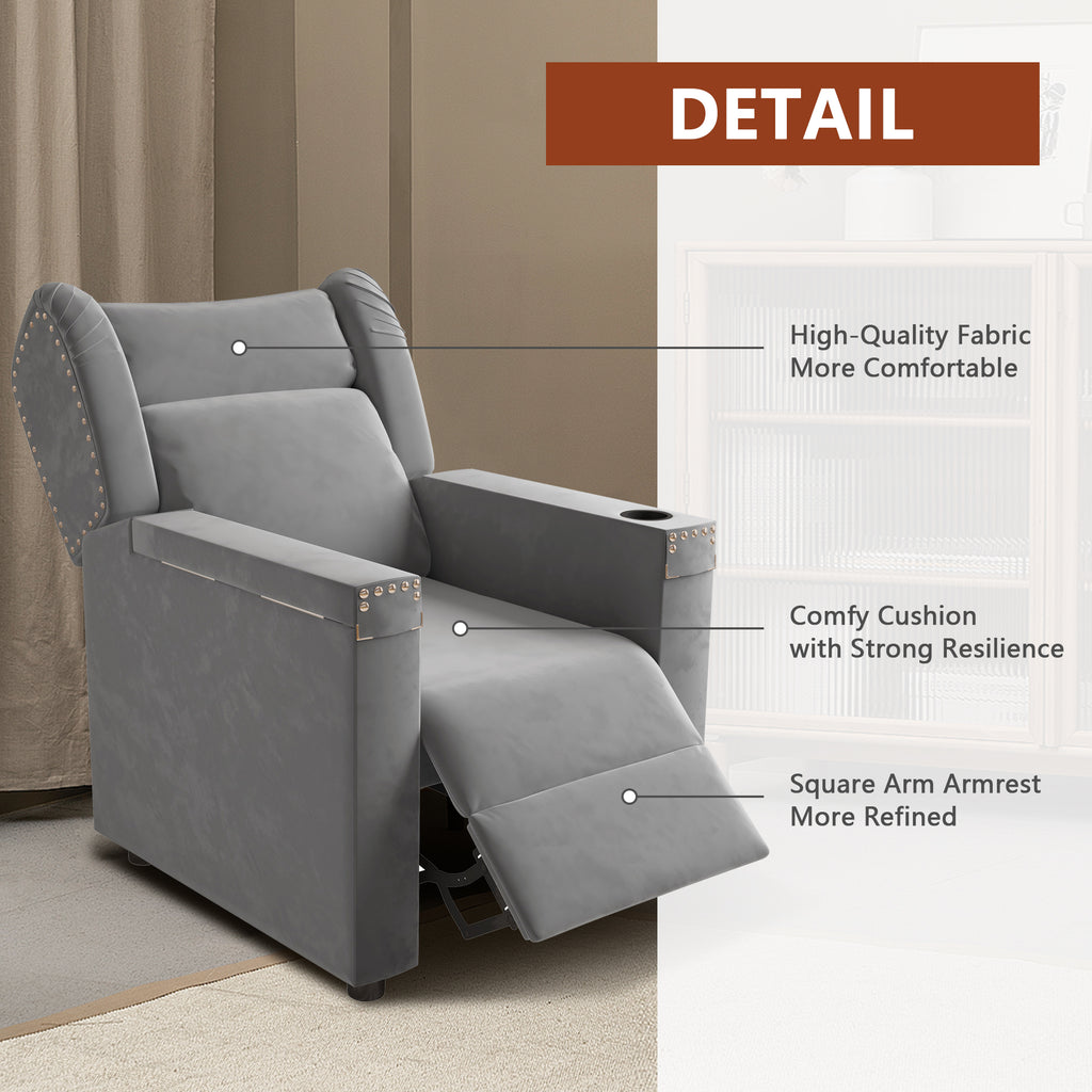 Gray Velvet Recliner Chair with Cup Holder and Table E920796