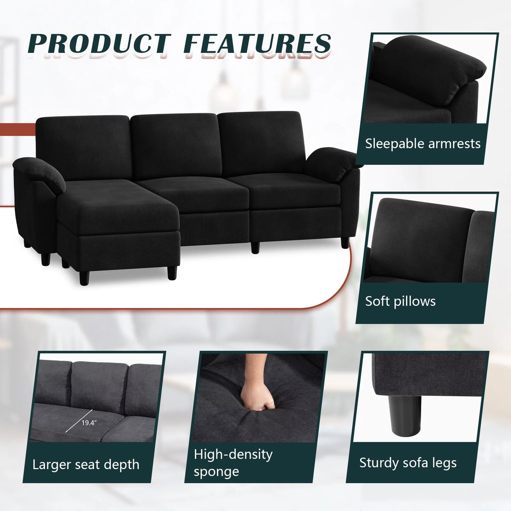 79" Convertible Sectional Sofa Couch, Linen Fabric L Shaped Sofa with Removable Pillows Black Q217782