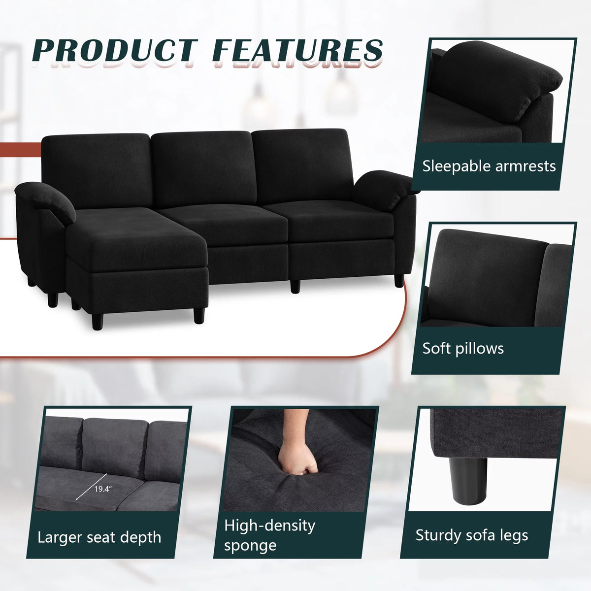 79" Convertible Sectional Sofa Couch, Linen Fabric L Shaped Sofa with Removable Pillows Black Q217782
