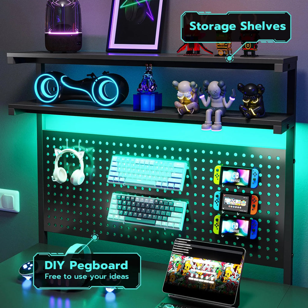 L Shaped Gaming Desk with LED Lights and Hutch Q609