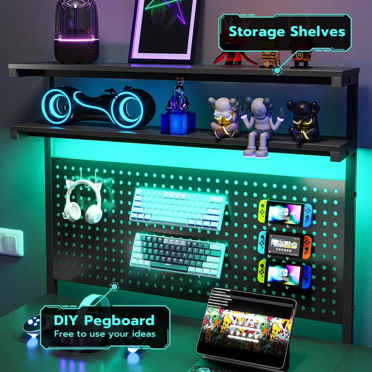 L Shaped Gaming Desk with LED Lights and Hutch Q609