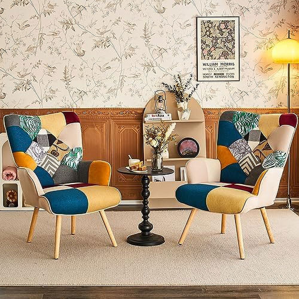 High Back Accent Chair with Linen Fabric and Wood Feet M955353