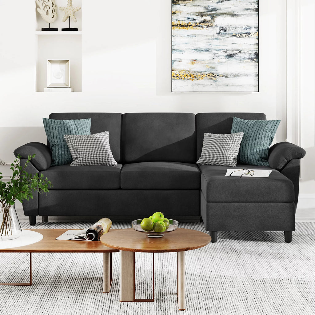 79" Convertible Sectional Sofa Couch, Linen Fabric L Shaped Sofa with Removable Pillows Black Q217782