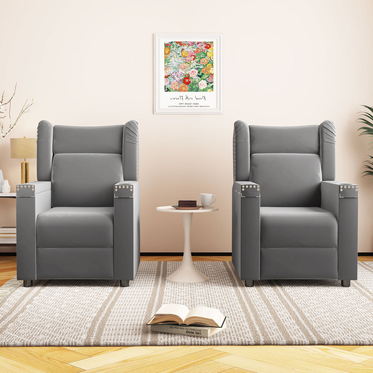 Gray Velvet Recliner Chair with Cup Holder and Table E920796