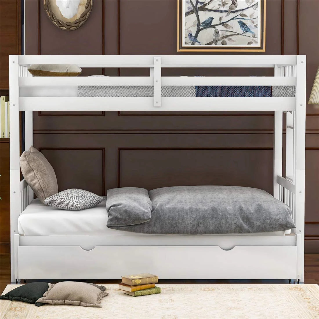 Twin Over King Wooden Bunk Bed with Trundle and Ladder W762