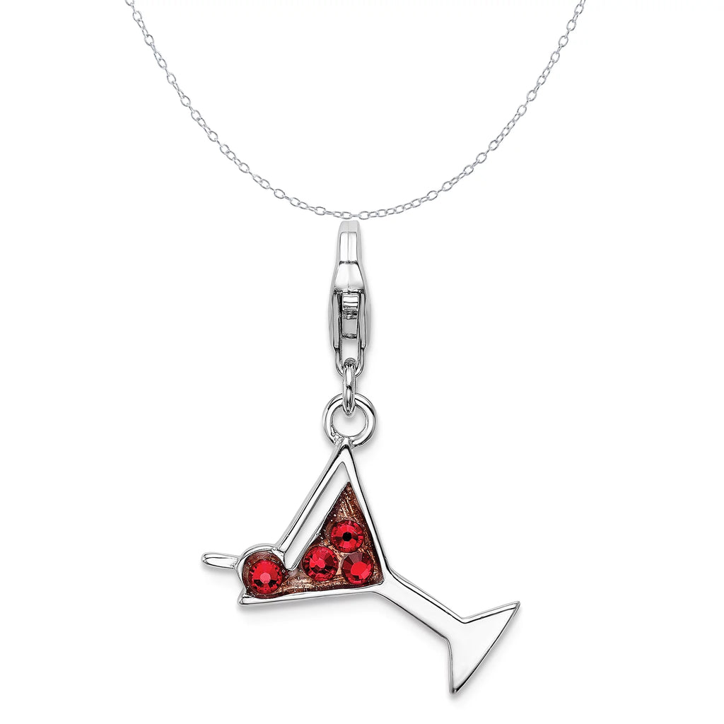 Sterling Silver Red Crystal Martini Glass Charm Necklace 18'' C68614