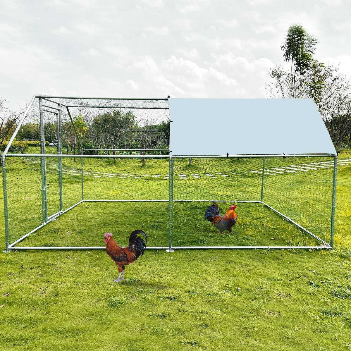 Large Metal Chicken Coop Walk-in Poultry Cage with Waterproof Cover U55206