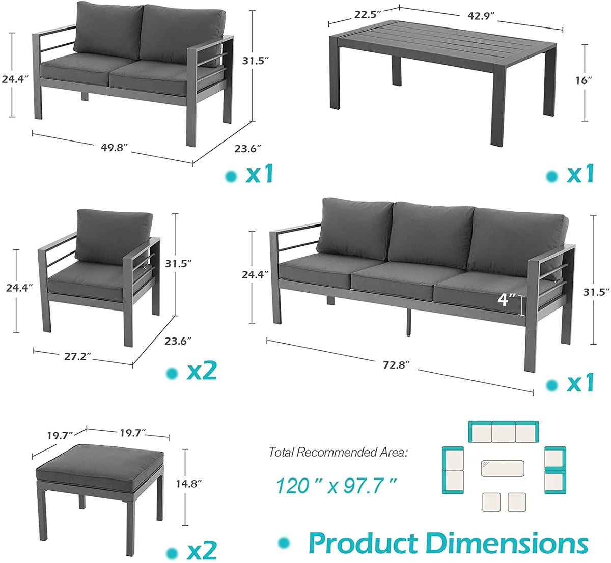 7 Pieces Aluminum Sectional Sofa Set F59218
