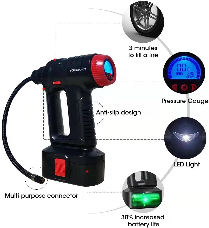 12V Cordless Car Tire Pump with Digital Pressure Gauge, LED Light, Rechargeable Battery Pack, Pack of 2 I911528