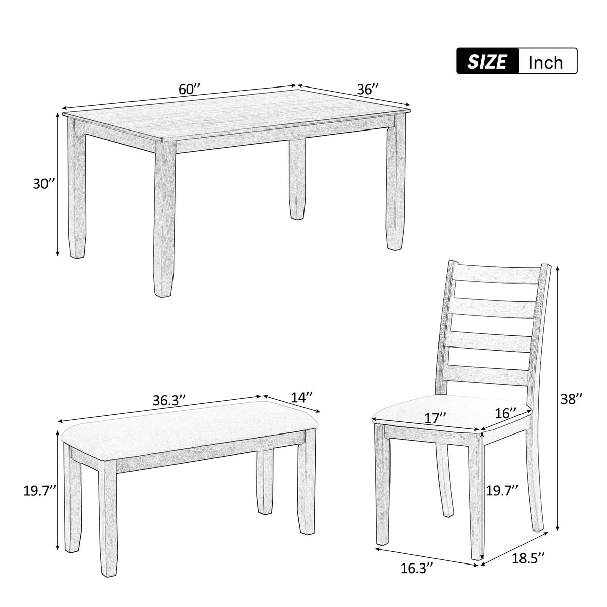 6 Pieces Wooden Dining Table Set with 4 Upholstered Chairs and Bench C989
